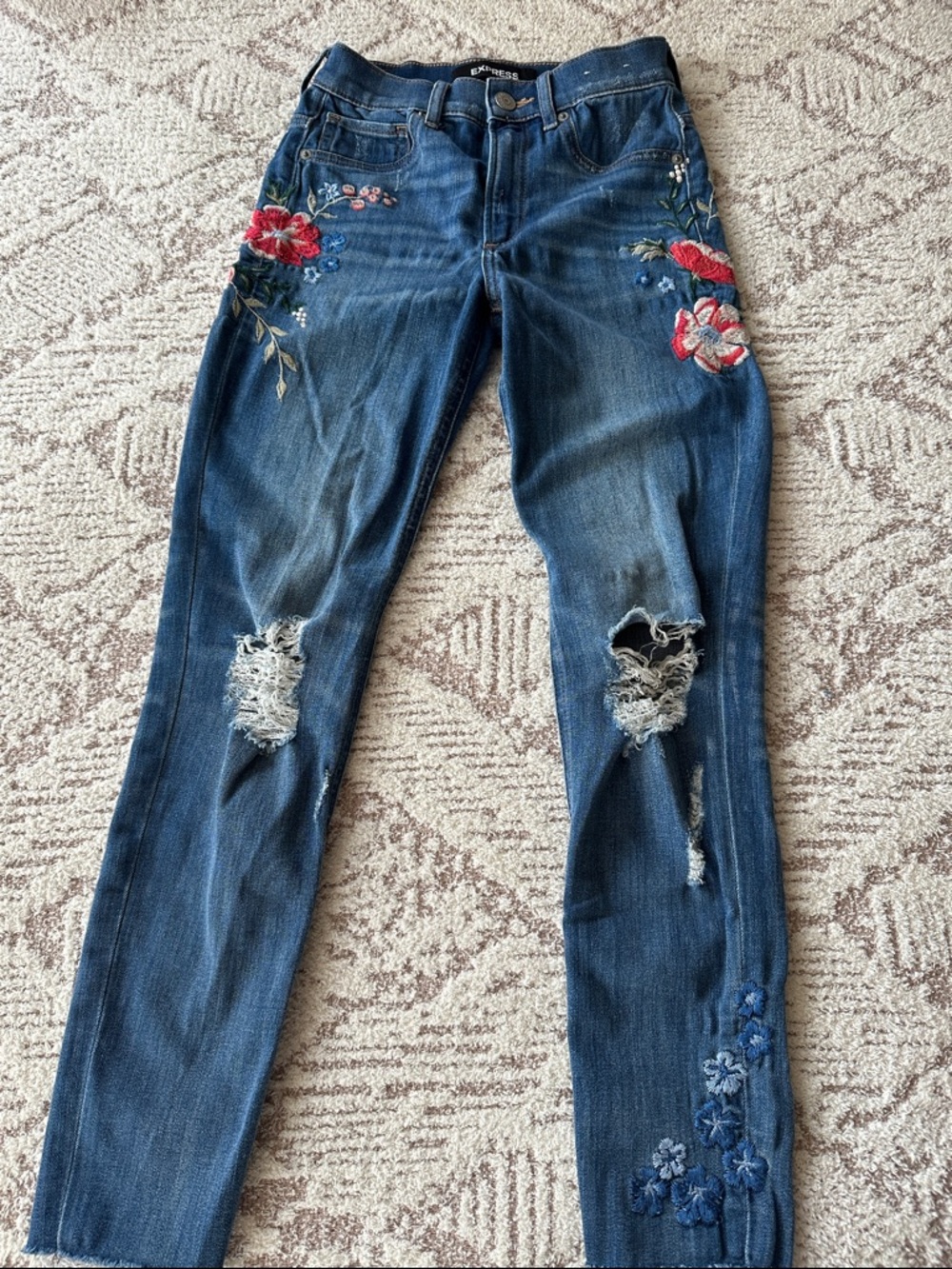 Express Floral Embroidered Distressed Skinny Jeans High Rise 0